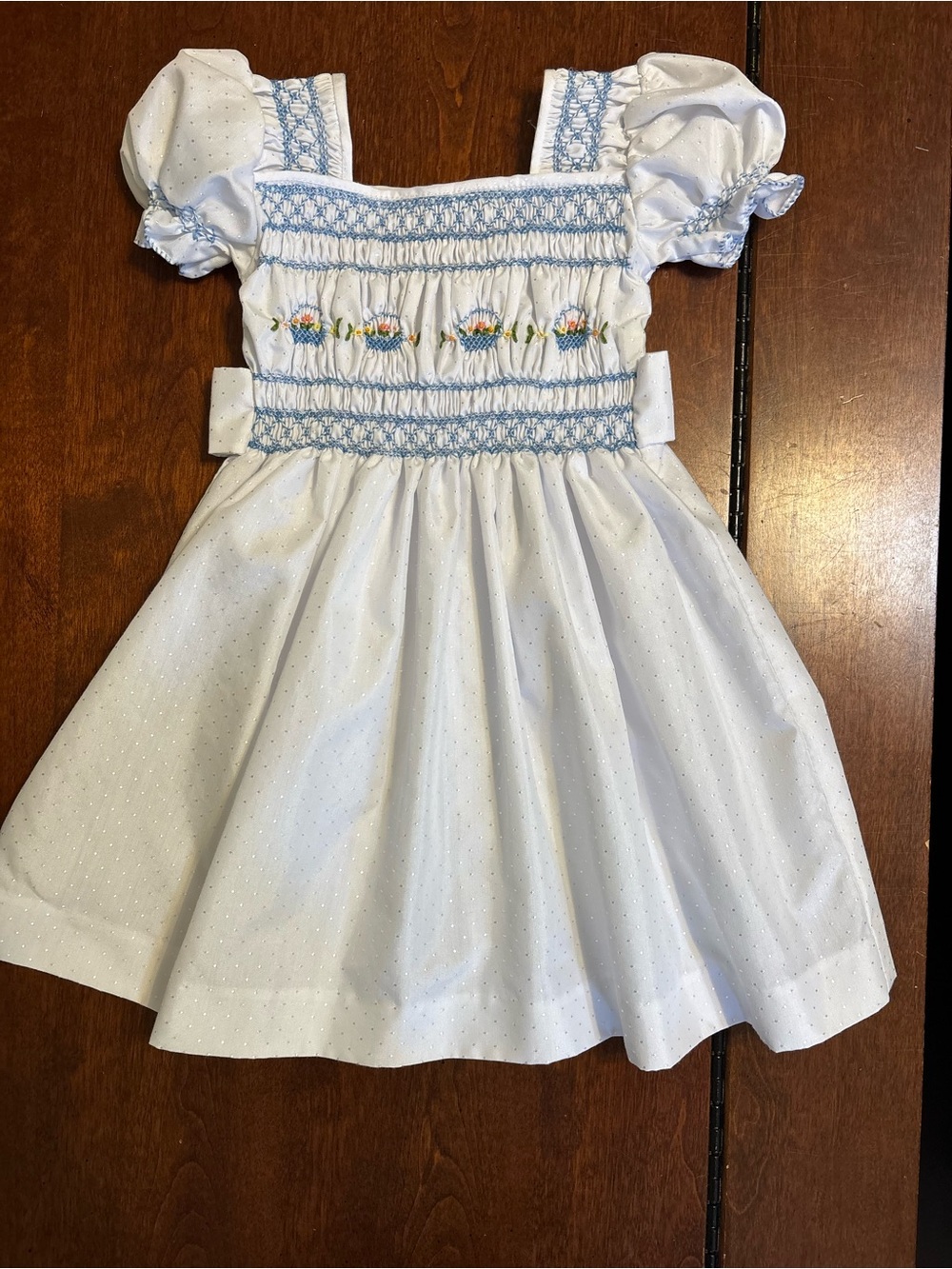 Classic White Smocked Kids Dress with Blue Trim